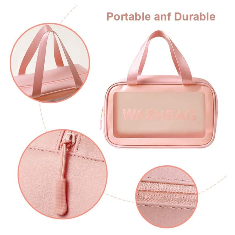 Pink Waterproof PVC Zip Pouch Kit Transparent Vanity Beauty Bag Clear Cosmetic Travel Makeup Wash Bag (Accept Custom Logo)