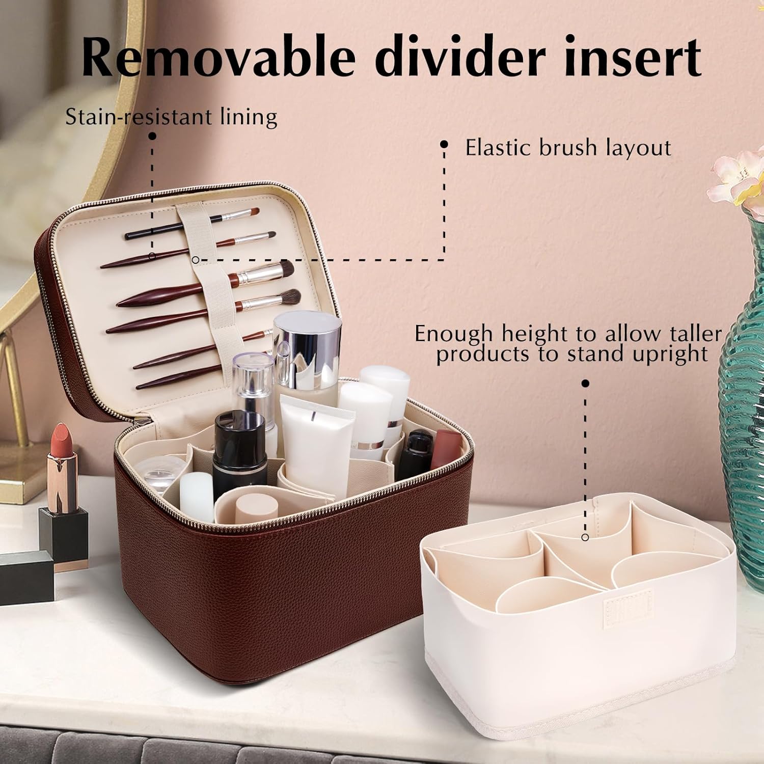 Double Layer PU Leather Makeup Case with Handle, Large Capacity Waterproof Travel Cosmetic Bag, Professional Organizer for Women