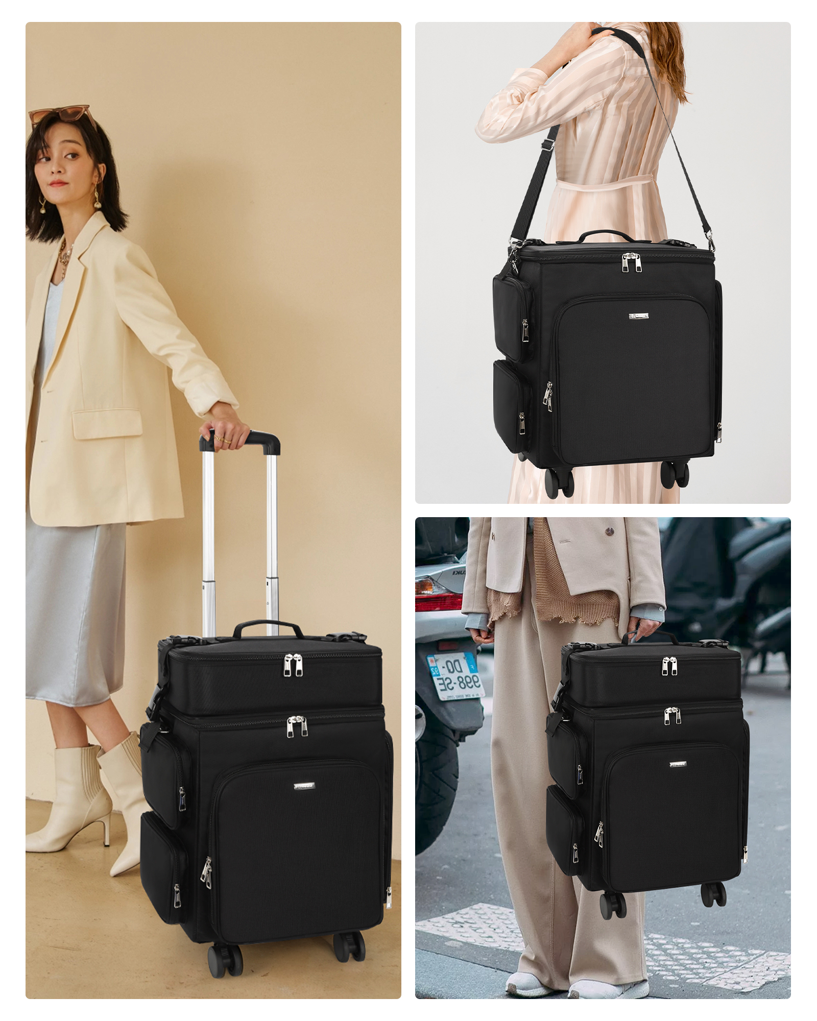 Relavel 2 in 1 Rolling Makeup Case Hairstylist Bag Makeup Artist Storage Organizer Trolley Suitcase with 360&deg; Swivel Wheels