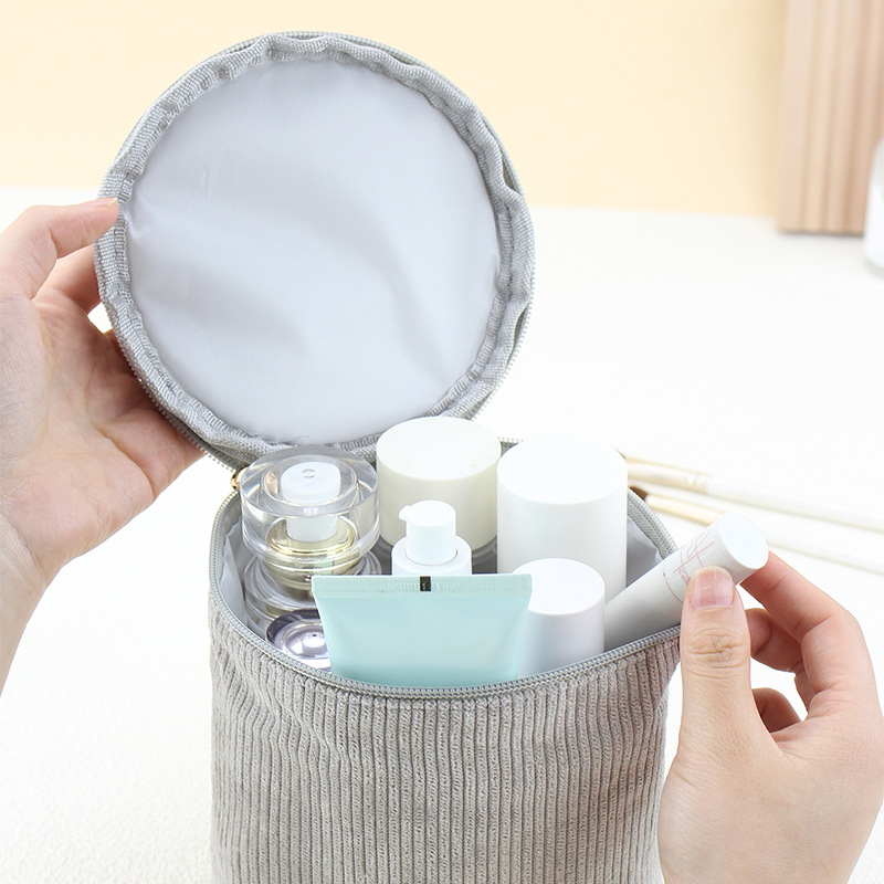 Promotional Cheap Price Women Beauty Accessories Storage Bag Zipper Closure Bucket Shape Corduroy Cosmetic Bag for Lady Makeup