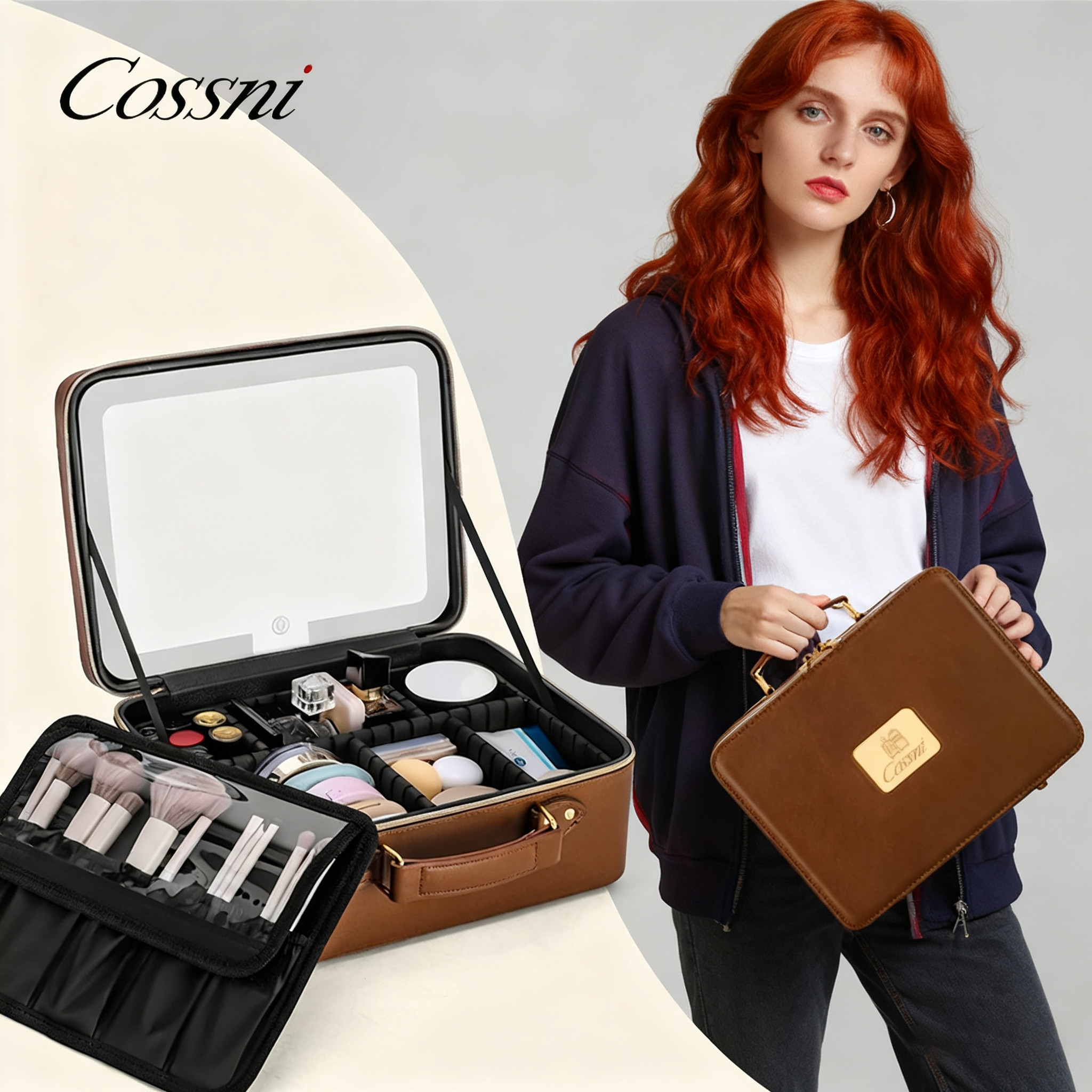 For Fashion Zipper Portable Luxury Travel Small Pu Leather Makeup Bag with LED Mirror Cosmetic for Organizer