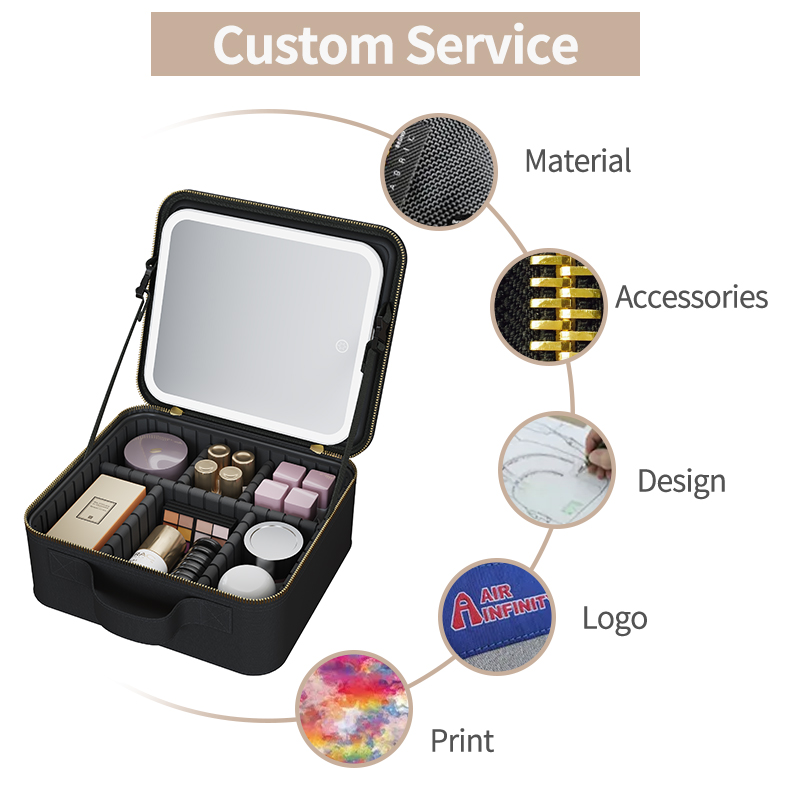 Travel Portable Make Up Organizer Storage Box Case Detachable Led Makeup Bag With Light Up Mirror