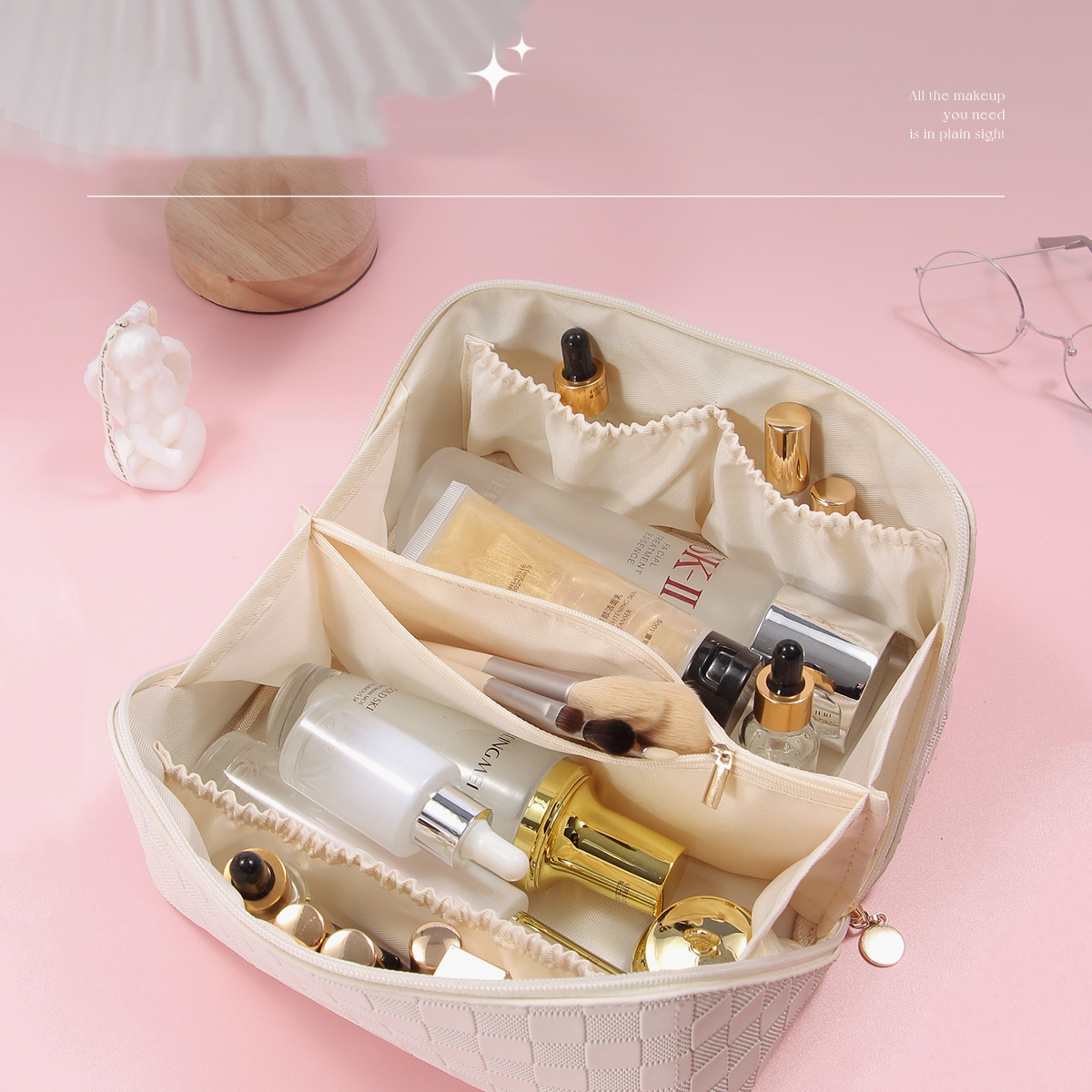 Fashionable Large Capacity Travel Portable Cosmetic Bag with Zipper Simple Checkerboard PU Waterproof Makeup Bag