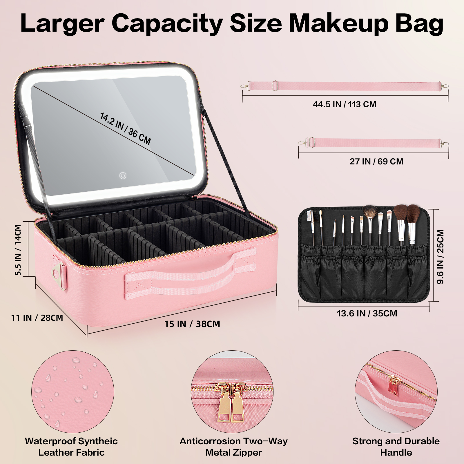 Outdoor Professional Women's Makeup Organizer Travel Cosmetic Bag with LED Mirror Zipper Closure Waterproof Large Capacity