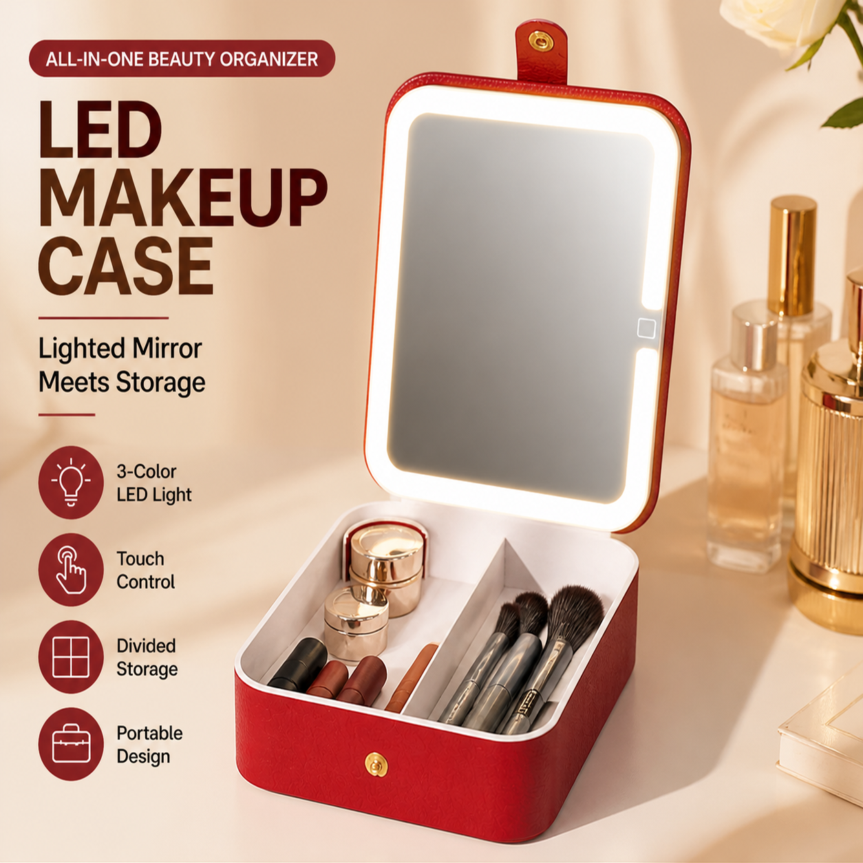 Mini Portable Foldable Makeup Case LED Lighted Single-Sided Mirror Compact Cosmetic Storage Bag For Purse Travel Quick Makeup
