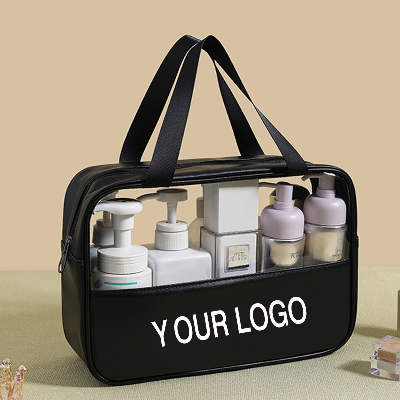 LOW MOQ Black Wash Bag Make Your Own LOGO Travel Makeup Bag PVC Pu clear Pouch Transparent Cosmetic Bag