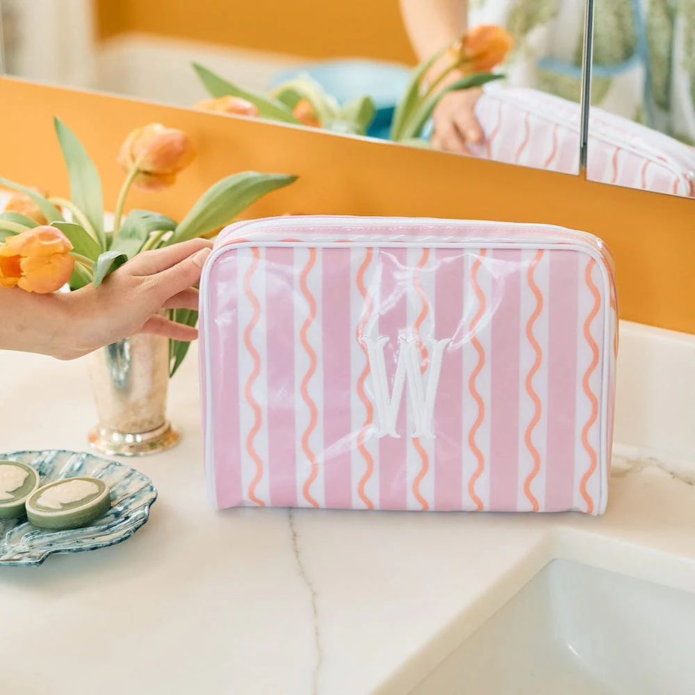 Customized Fashion Pink Stripe Makeup Striped Cosmetic Pouch for Travel Large Patterned Toiletry Bag Tile Clear Coat Bag