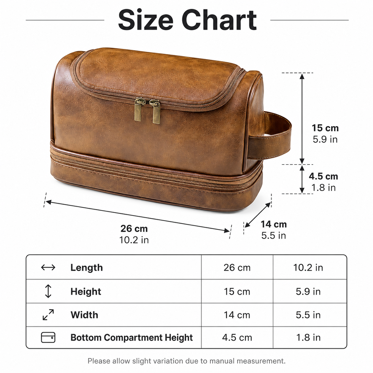MEGAMAPLE Large-capacity PU Leather Storage Bag Zipper Closure Adjustable Strap Hanging Toiletry Bag Classic Style Business