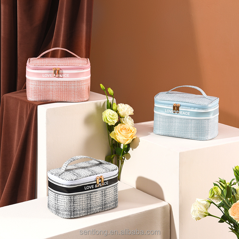 Wholesale Luxury Shiny Rose Gold Cosmetic Bag Double Layers Toiletry Bag Multi-Functional Makeup Bag with Compartment