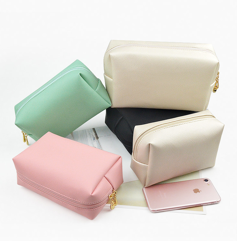 Women Cosmetic Bag Waterproof PU Leather Solid Color Makeup Pouch Travel Portable Wash Toiletry Storage Bag Organizer Purse