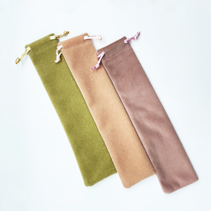 Custom Logo Long Style Recyclable Drawstring Pen Bag Pencil Lipgloss Jewelry Packaging Makeup Bag Velvet Pouch