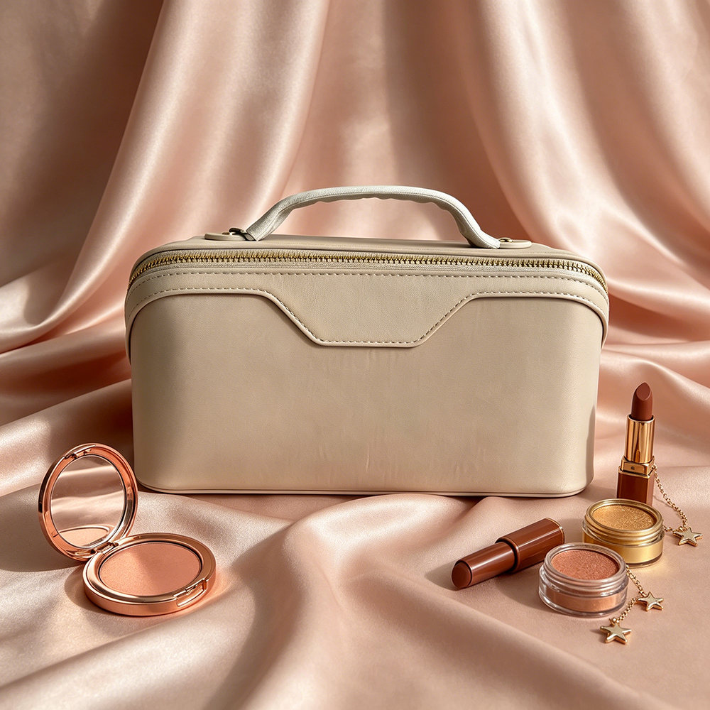 Caramel PU Leather Makeup Train Case Cream Trim Cosmetic Toiletry Bag With Handle for Travel Skincare and Beauty Tools