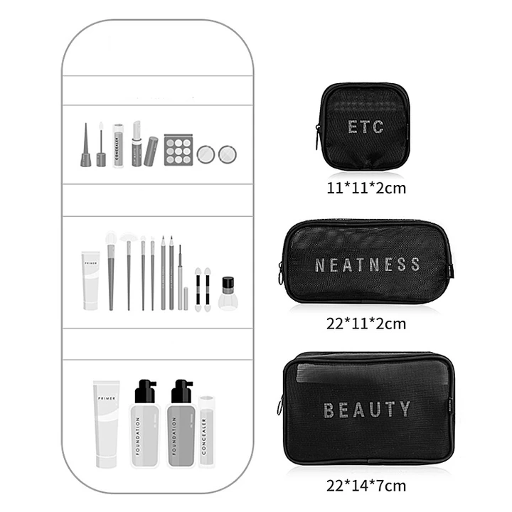 Low MOQ Candy Color Black Nylon Mesh Makeup Beauty Accessories Zipper Pouch Cosmetic Wash Bag