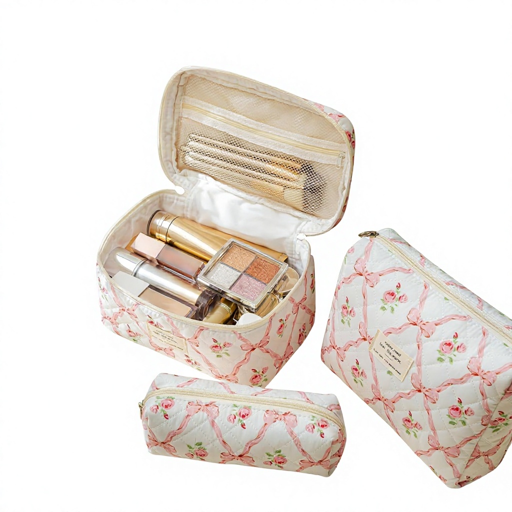 Quilted Cosmetic Bag Set of Three Customizable Large Capacity Portable Makeup Organizer Trendy for Teen Girls Travel Use