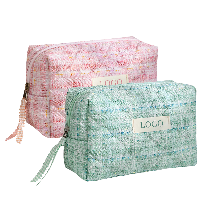 Premium Small Clear Fabric Cosmetic Bag Woven Textured Cute Fashional Large Capacity Zipper Closure Handled Customizable Logo