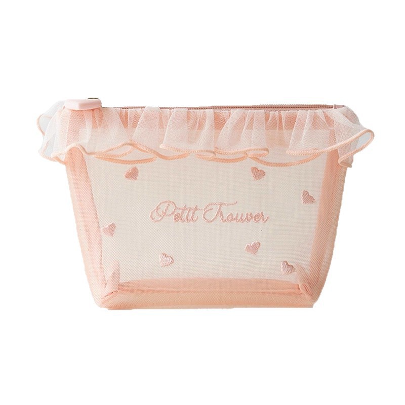 Custom Embroidery LOGO Mesh Lace Satchel Cute Cosmetic Pouch with Zipper Closure Candy Makeup Bag Gift for Valentine's Day