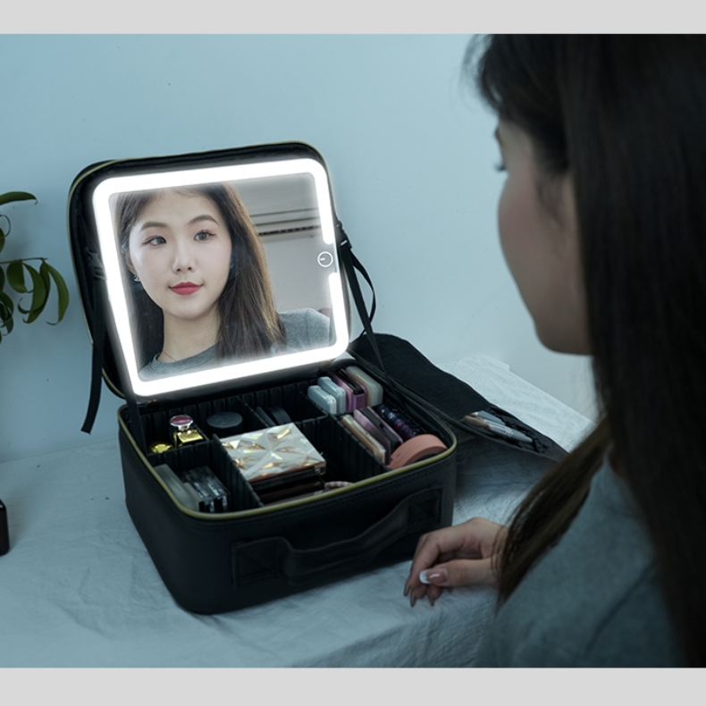 Portable Makeup Travel Bag Makeup Boxes with Zipper and LED Light Mirror for Cosmetic Use