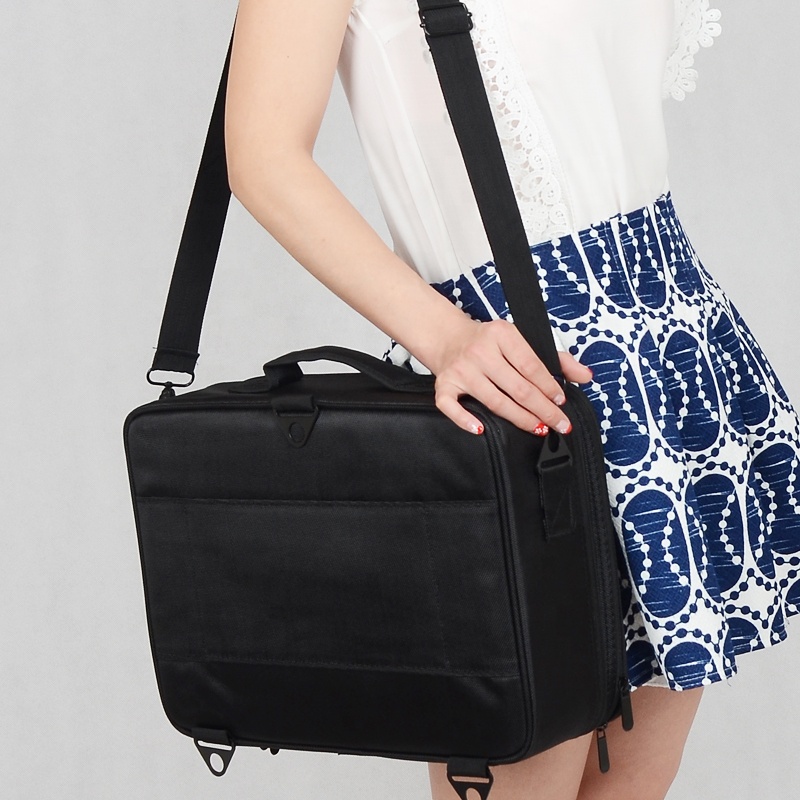 Professional Makeup Case with Strap Custom Portable Travel Bag Storage Box Waterproof Black 3-Layer Zipper Oxford Fabric