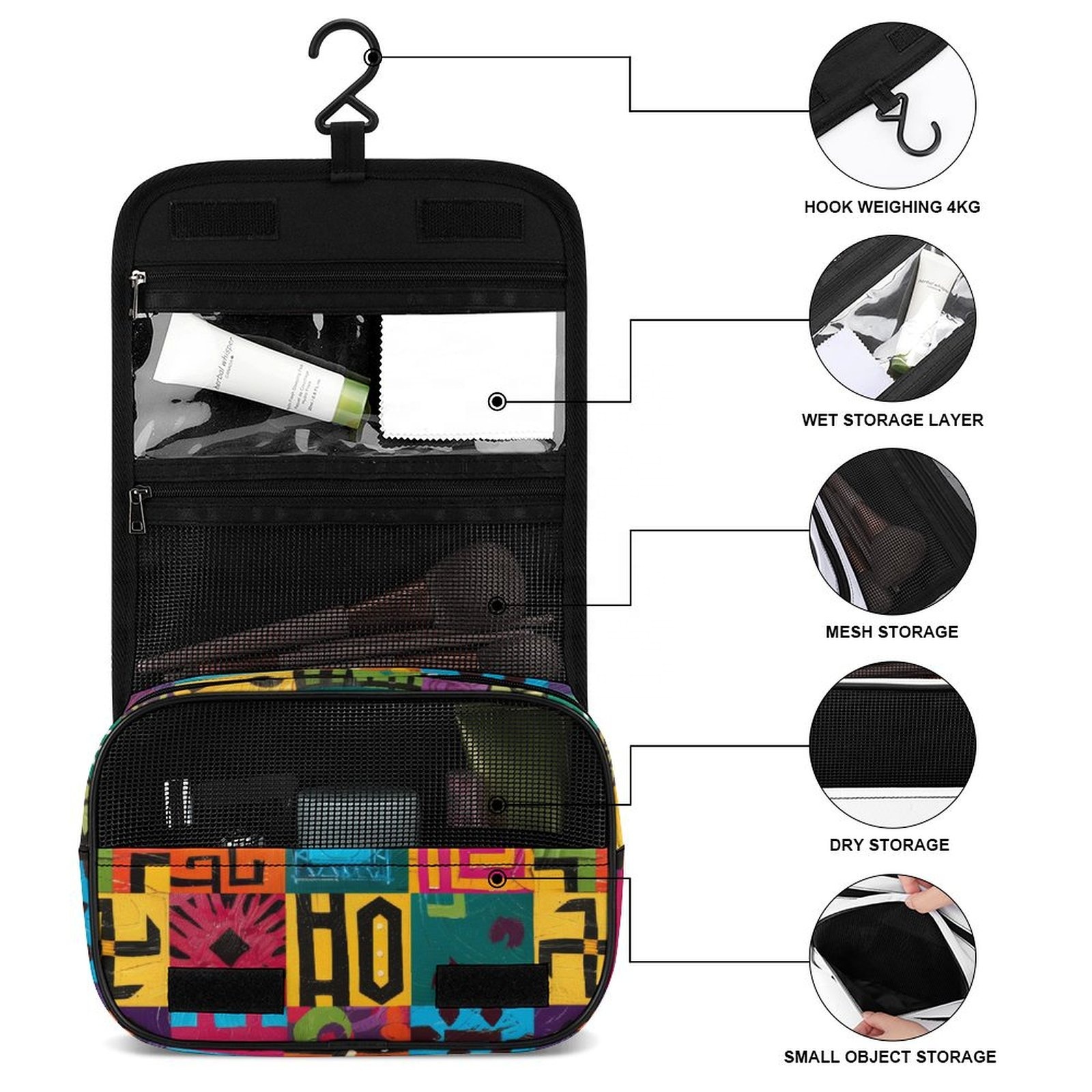 1 Piece Custom Design Pattern African American Style Boho Aztec Toiletry Makeup Cosmetic Hanging Bags