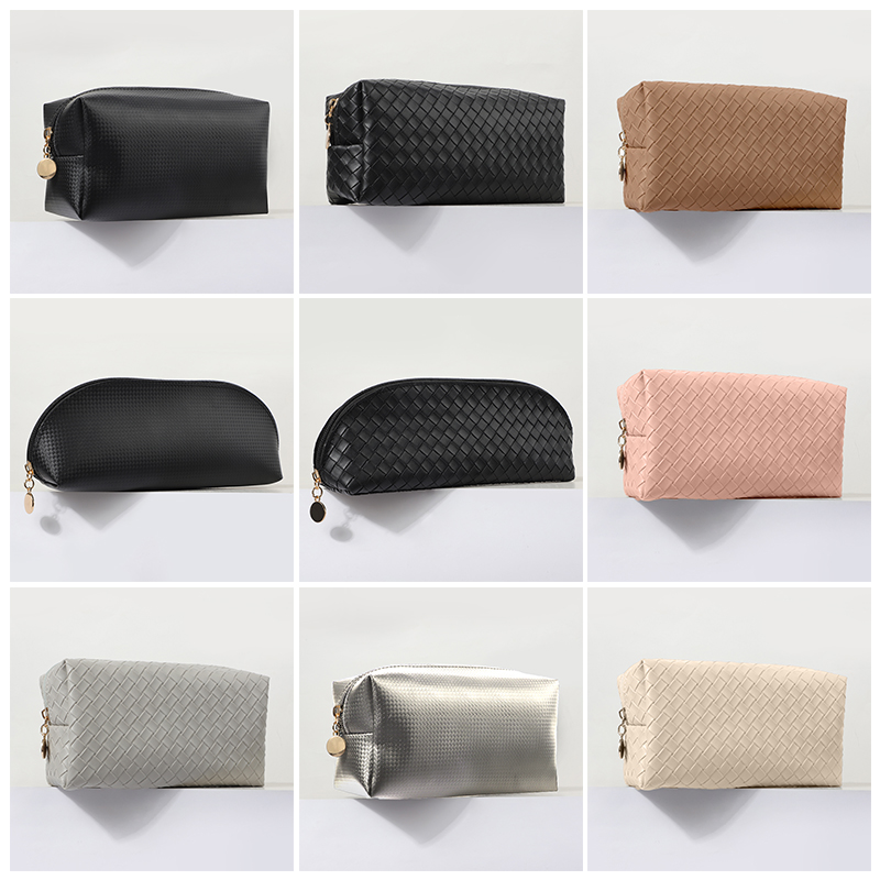 Soft PU Woven Pattern Large Capacity Makeup Brush Bag Waterproof Zipper Professional Custom Logo Makeup Bag for Women