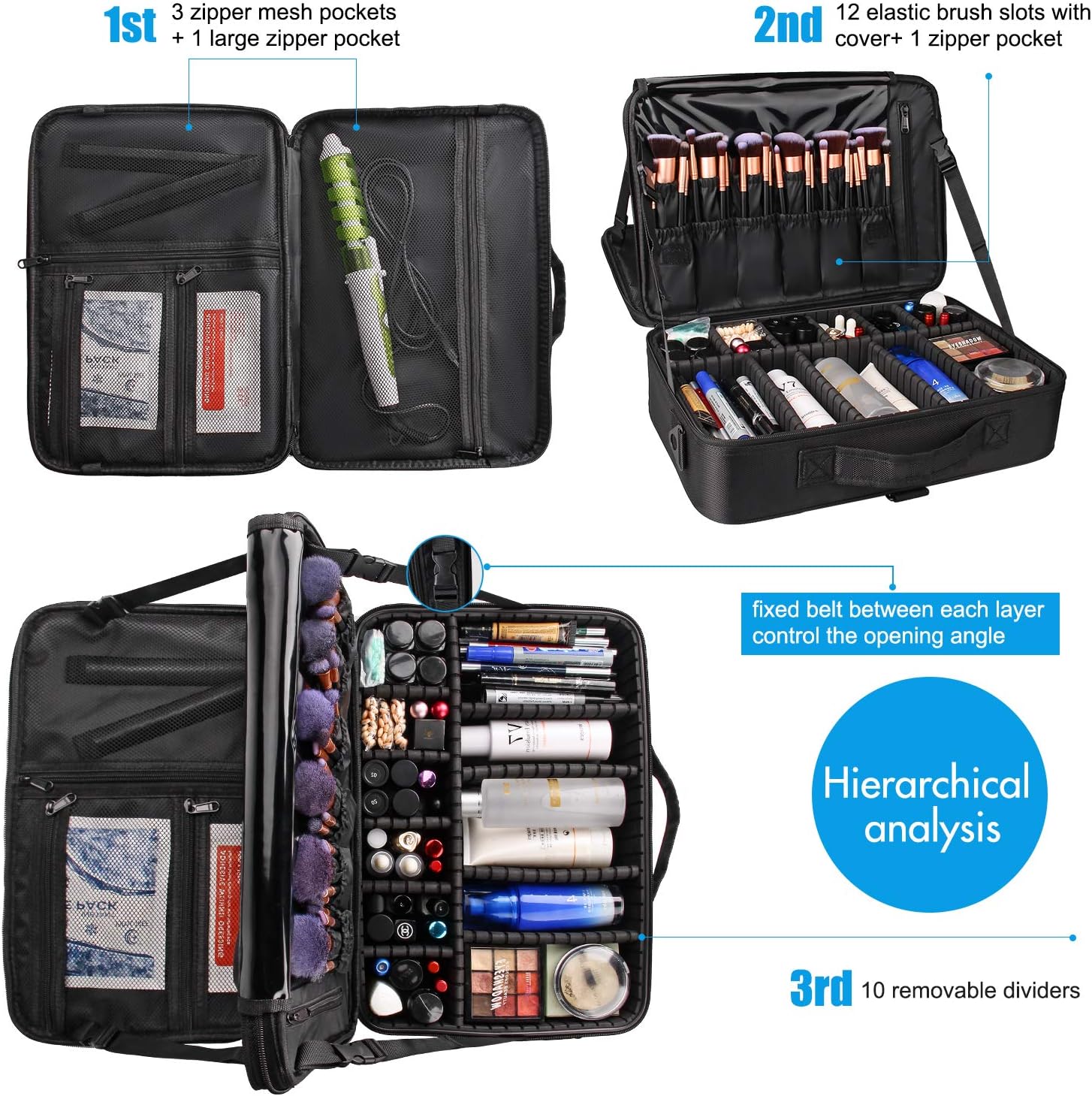 Waterproof Large Professional Makeup Bag With Adjustable Dividers 3-Layer Travel Cosmetic Train Case For Artists &amp; Salon