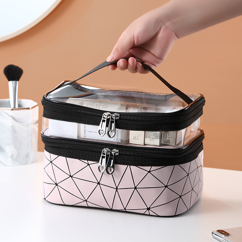 Large Capacity Double-Layer Trendy Eco-Friendly Durable PVC Makeup Bag with Custom Logo Transparent Waterproof for Case