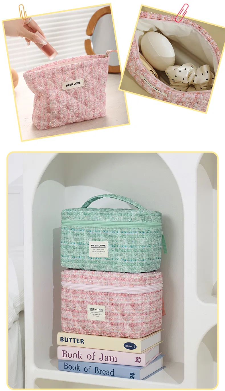 Quilted Cotton Cosmetic Bag Handle Organic Cotton Makeup Pouch Multi-Function Vanity Case Featuring Thread Pattern PU
