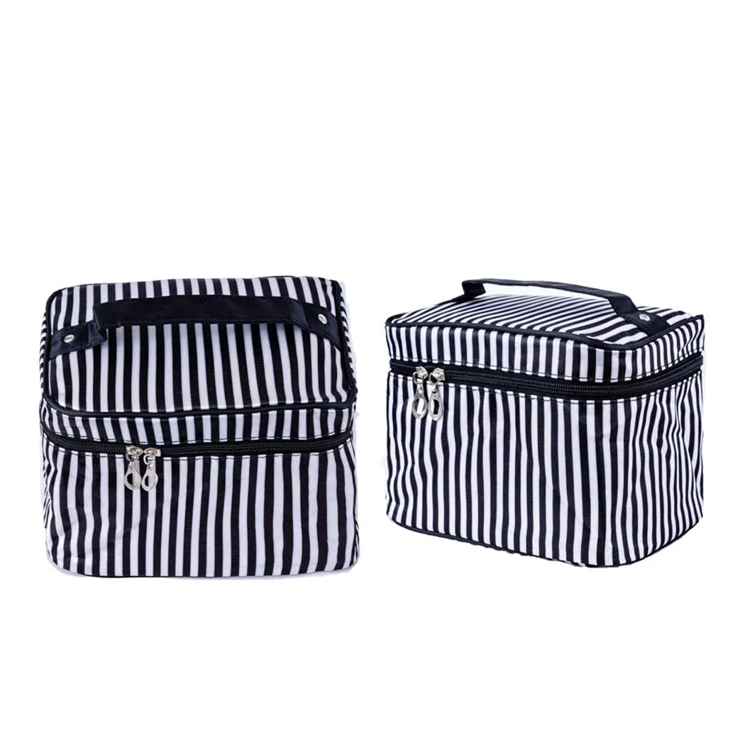 Makeup Bag Vanity Case Striped Cosmetic Bag with Partition