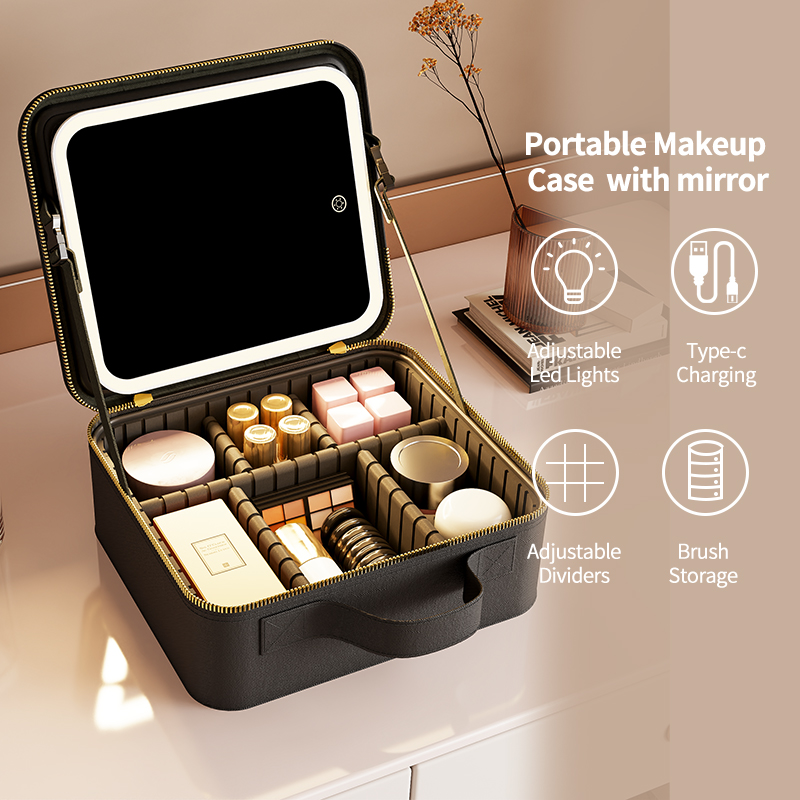 Travel Portable Make Up Organizer Storage Box Case Detachable Led Makeup Bag With Light Up Mirror