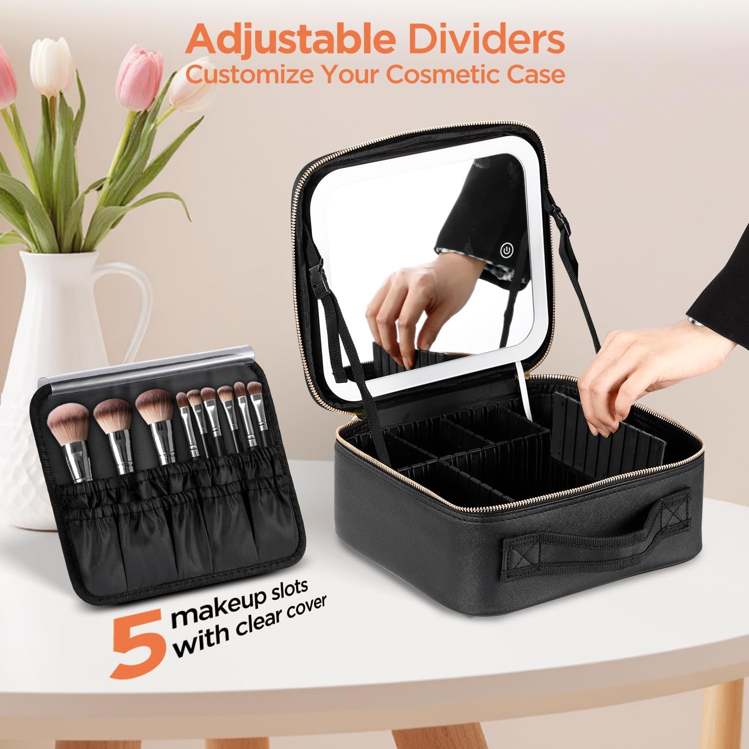 Travel Makeup Bag With LED Mirror Cosmetic Case With Light Up Mirror Adjustable Dividers With Makeup Brush Holder Storage