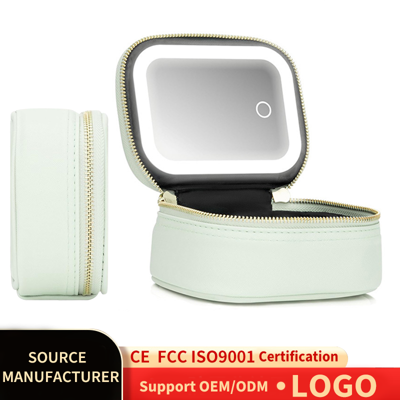 Foldable PU Leather Makeup Bag Mirror with LED Mirror and Adjustable Compartment, Portable Travel Cosmetic Bag for Girls