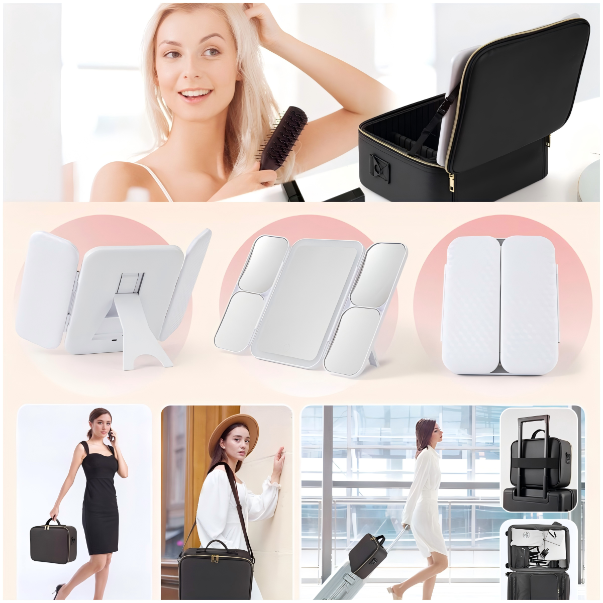 Professional Artist Barber Train Case Adjustable Compartment Lighted LED Zipper Closure Cosmetic Makeup Bag PU Waterproof Large