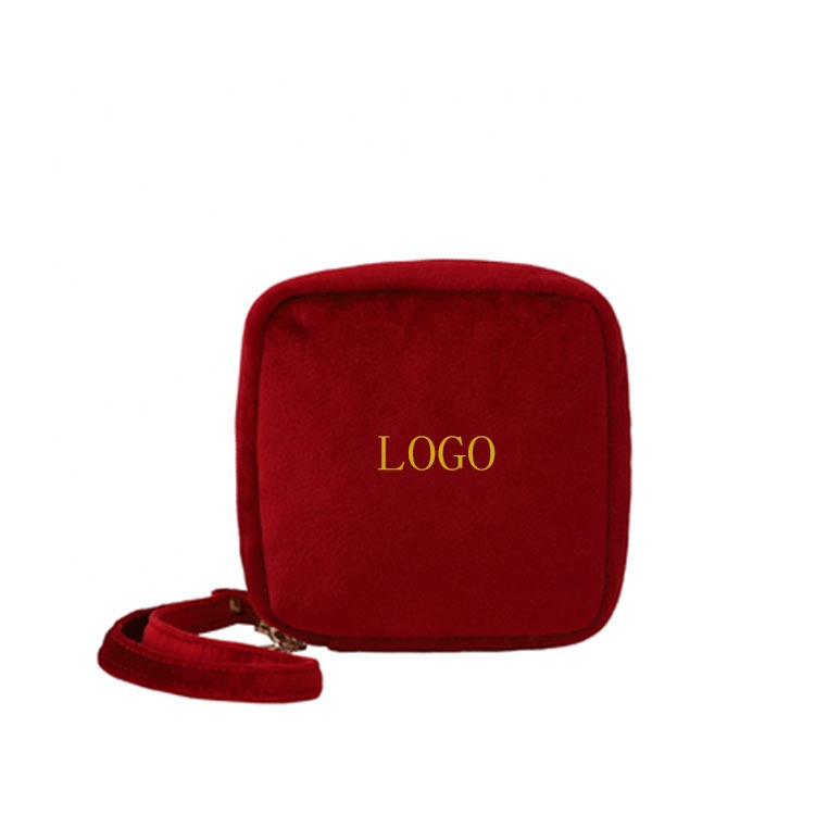Mini Red Private Label Velvet Makeup Bag With Handle, Iso Certificate Small Professional Lipstick Makeup Waist Bag*