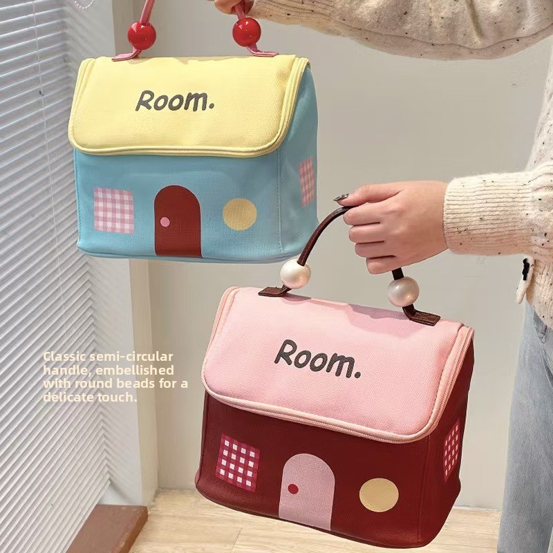 Small House Shaped Canvas Zipper Partitioned Storage Large Capacity Cartoon Design Portable Organizer Cosmetic Bag