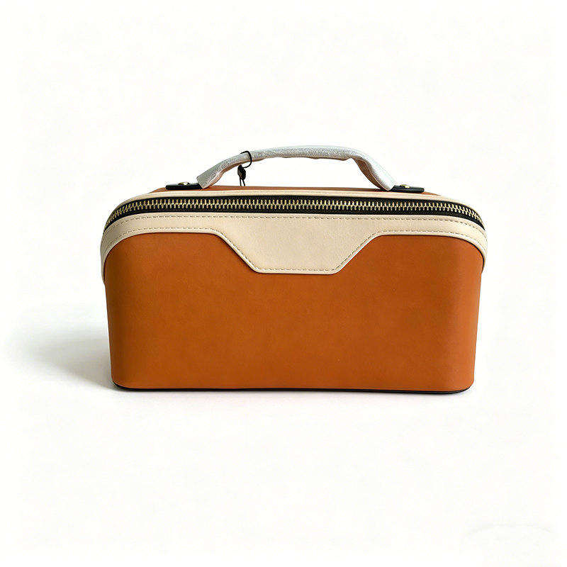 Caramel PU Leather Makeup Train Case Cream Trim Cosmetic Toiletry Bag With Handle for Travel Skincare and Beauty Tools