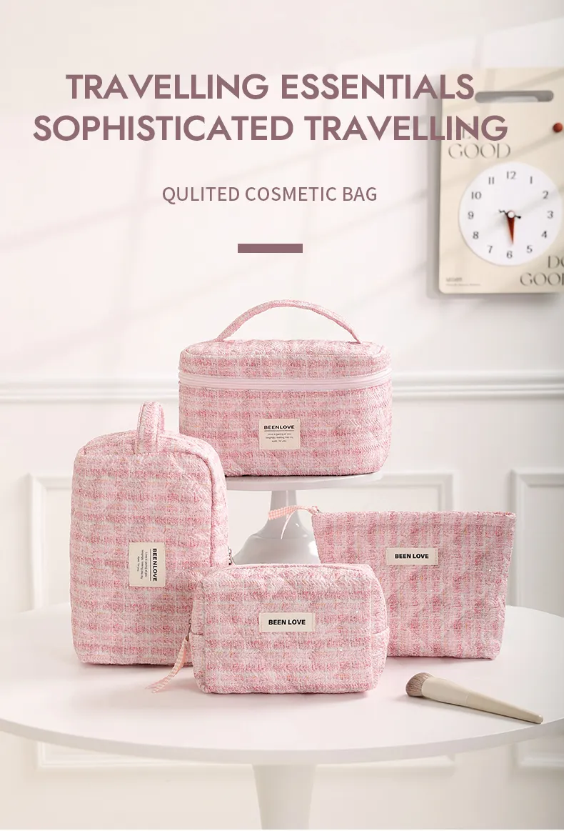 Quilted Cotton Cosmetic Bag Handle Organic Cotton Makeup Pouch Multi-Function Vanity Case Featuring Thread Pattern PU