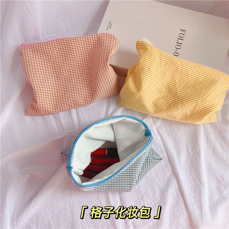 Cosmetic Bag Custom Logo Yellow Gingham Cotton Wholesale Zipper Makeup Bag Eco-friendly Cotton Terry Cloth Make Up Bag