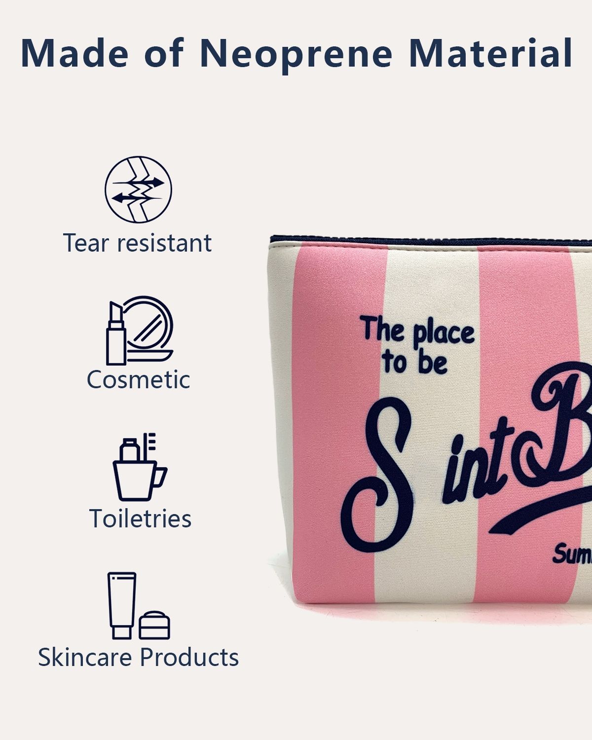 Travel Cosmetic Neoprene Bag Waterproof for Toiletry Storage with Zipper Closure for Spot Diving Printed Stripes Portable