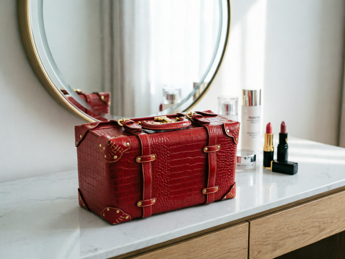 Custom Red Crocodile Embossed PU Leather Cosmetic Suitcase Makeup Organizer Zipper Large Combination Lock Luxury Beauty Gift
