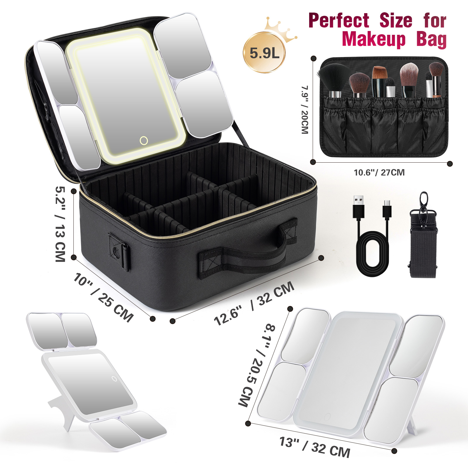 Professional Artist Barber Train Case Adjustable Compartment Lighted LED Zipper Closure Cosmetic Makeup Bag PU Waterproof Large