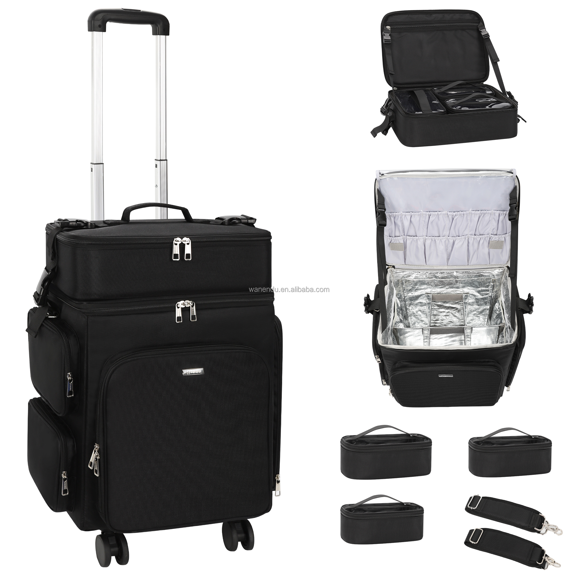 Relavel 2 in 1 Rolling Makeup Case Hairstylist Bag Makeup Artist Storage Organizer Trolley Suitcase with 360° Swivel Wheels