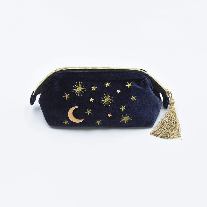Factory Custom Eco-Friendly Velvet Lady Makeup Bag with Zipper Closure Embroidered Tassels Moon Stars Organizer