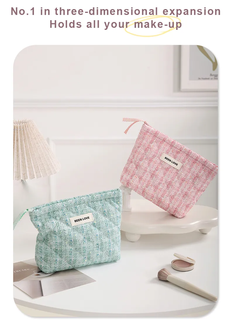 Quilted Cotton Cosmetic Bag Handle Organic Cotton Makeup Pouch Multi-Function Vanity Case Featuring Thread Pattern PU