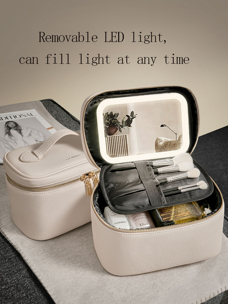 Custom Logo Women Portable Travel PU Large Capacity Cosmetic Case Storage Makeup Bag with Mirror Led Light Large Size