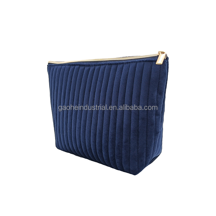 Custom Zipper Foldable Reusable National Portable Puffer Makeup Bag Professional Travel Aesthetic Quilted Velvet Cosmetic Case