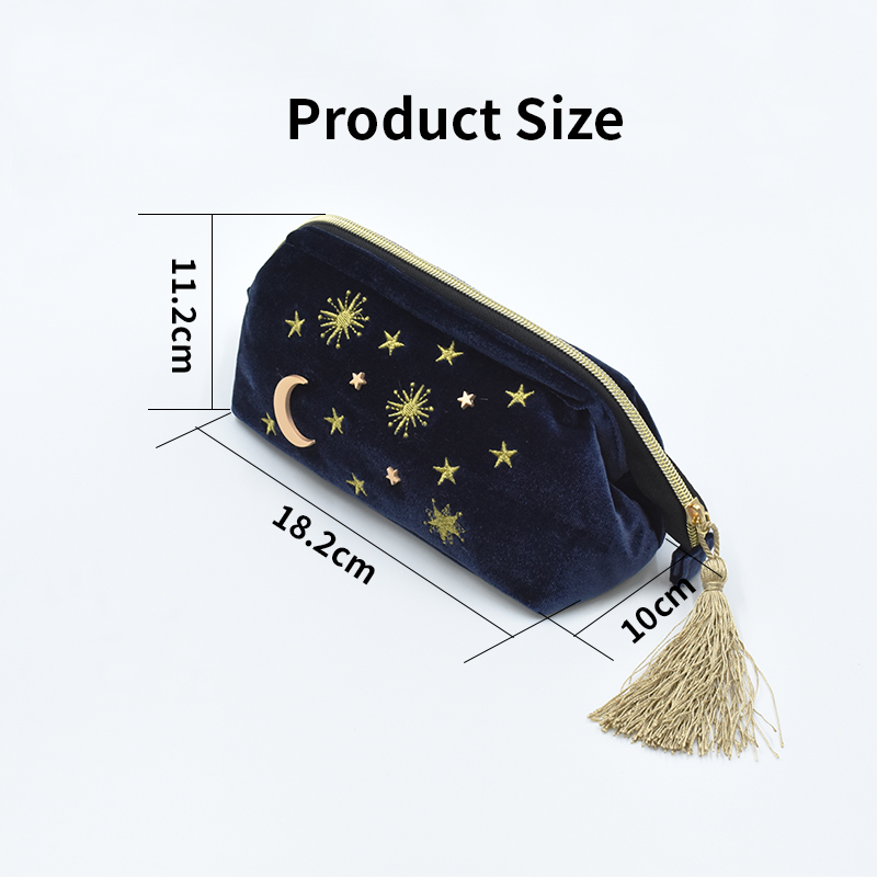 Factory Custom Eco-Friendly Velvet Lady Makeup Bag with Zipper Closure Embroidered Tassels Moon Stars Organizer