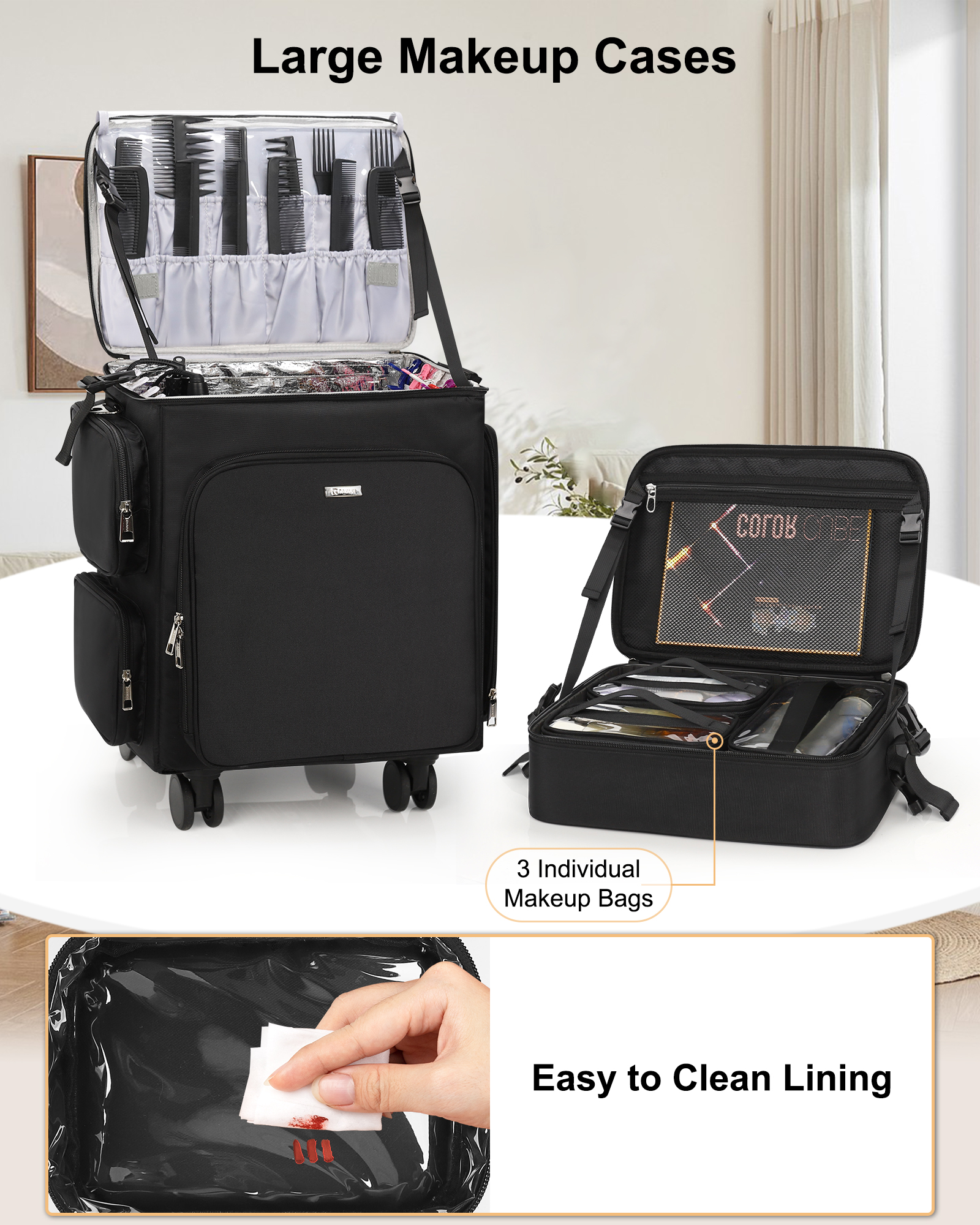 Relavel 2 in 1 Rolling Makeup Case Hairstylist Bag Makeup Artist Storage Organizer Trolley Suitcase with 360&deg; Swivel Wheels
