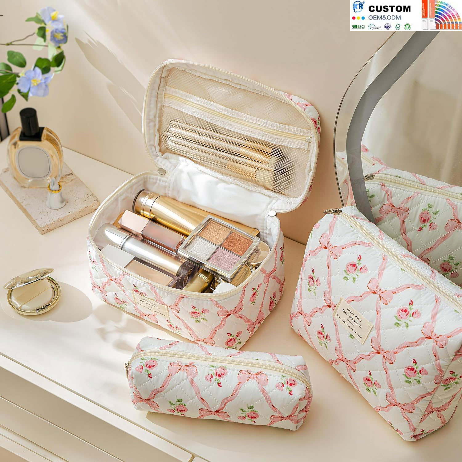 Quilted Cosmetic Bag Set of Three Customizable Large Capacity Portable Makeup Organizer Trendy for Teen Girls Travel Use