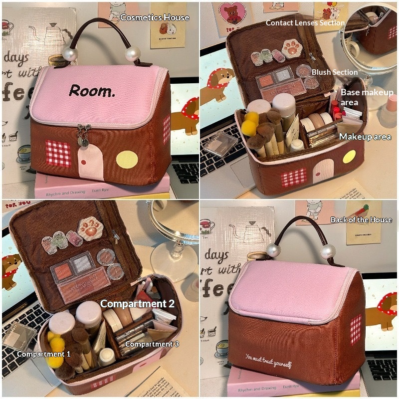 Small House Shaped Canvas Zipper Partitioned Storage Large Capacity Cartoon Design Portable Organizer Cosmetic Bag