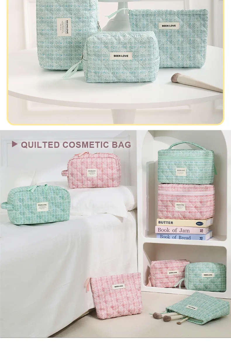 Quilted Cotton Cosmetic Bag Handle Organic Cotton Makeup Pouch Multi-Function Vanity Case Featuring Thread Pattern PU